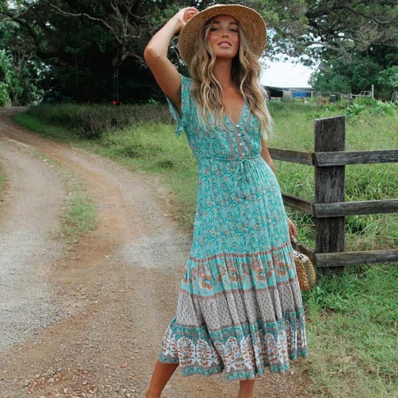 boho floral print v neck button ruffle miDI dress - Picture 2 of 14